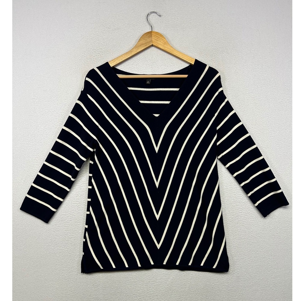 Nautical Preppy Talbots Petite Womens SP Navy Blue White Striped V-Neck Sweater